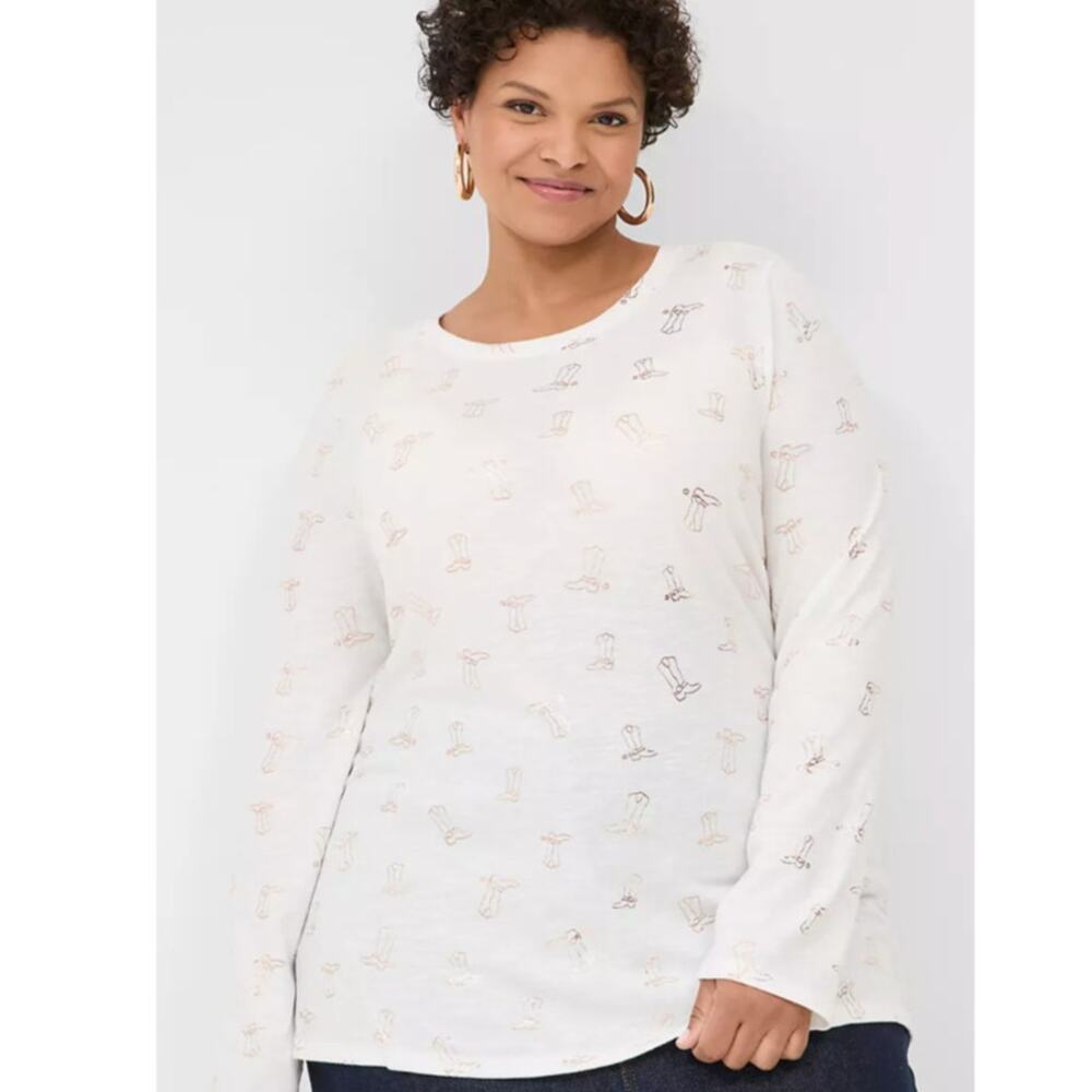 Lane Bryant Women's 18/20 White Shimmery Foiled Cowboy Boot Crewneck Shirt‎